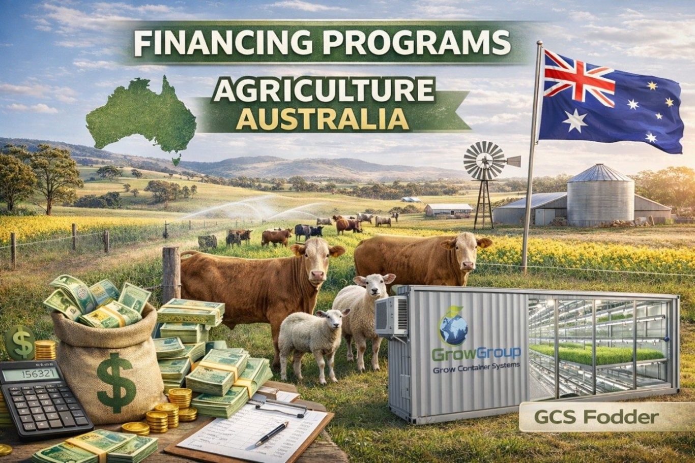 Container farm setup in a snowy landscape with a Canadian flag and loan program details.