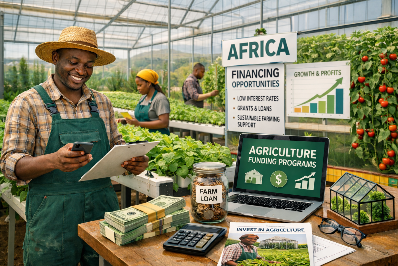 Farmer with tablet and money in greenhouses, with others caring for plants and showing graphs.