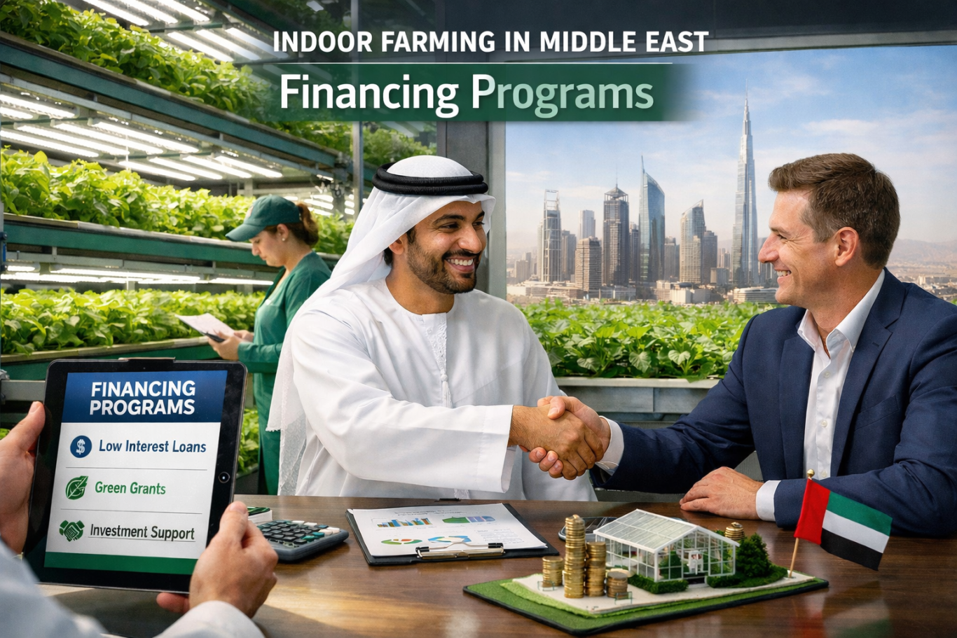 Man in traditional clothing and businessman shaking hands, indoors in an open-plan office.