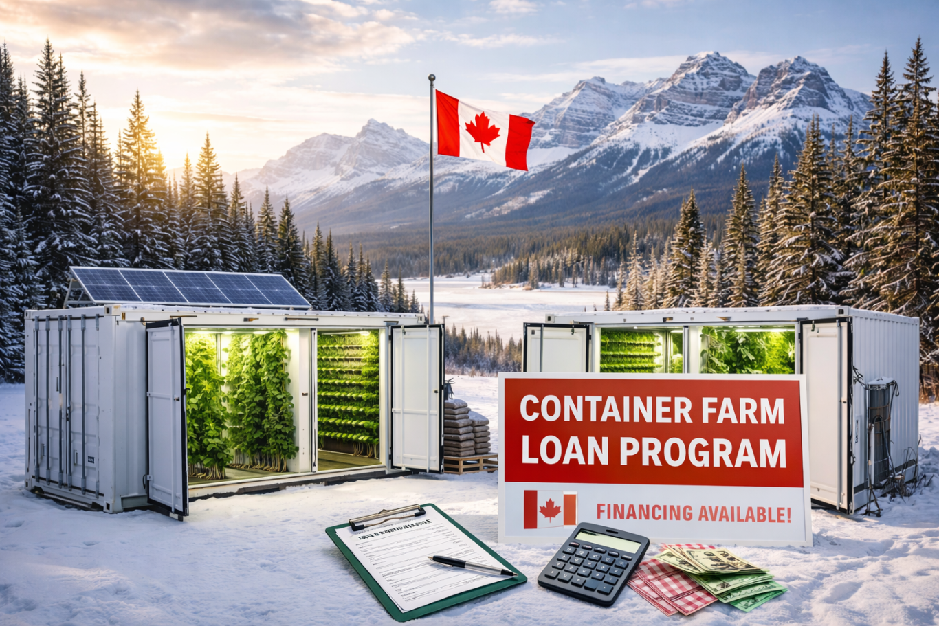 Container farm setup in a snowy landscape with a Canadian flag and loan program details.